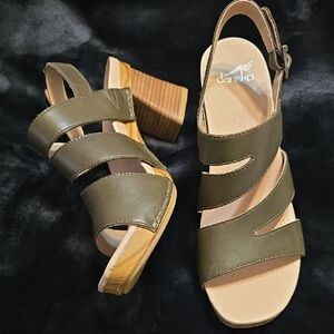 Dansko Olive Green Leather Slingback Block Heel Sandals